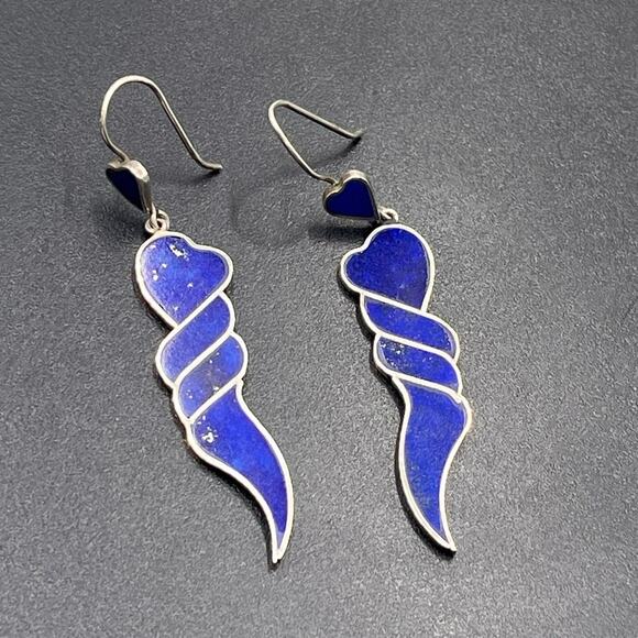 Lapis Lazuli Royal Blue 950 Sterling Silver Heart Dangle Southwestern Earring - Picture 5 of 10